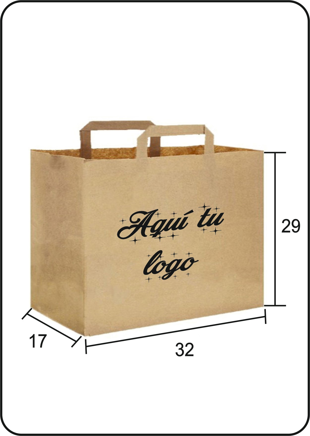 Bolsa de papel Kraft de asa plana | Medida 32+17x29 | Take Away | CAJAS DE 300 UDS.